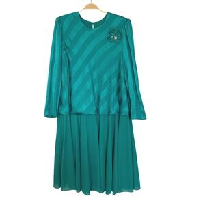 Vintage 80s Boston Maid Emerald Green Secretary Midi Dress XXL Pleated Striped